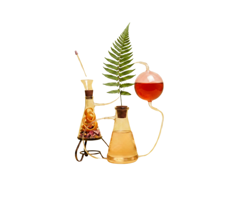 A decorative scientific still setup with two glass flasks and a round bulb, shown on a plain white background. One flask contains amber liquid with botanical illustrations, the other holds pale yellow liquid with a fern stem inserted, and the bulb contains reddish liquid connected by tubing.
