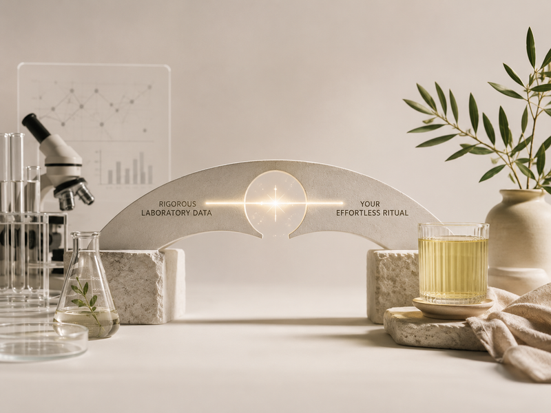 A modern, minimalist illuminated light box with a curved, stone-like design sits on a tabletop surrounded by styled props including a glass beaker, a candle, and a small plant.
