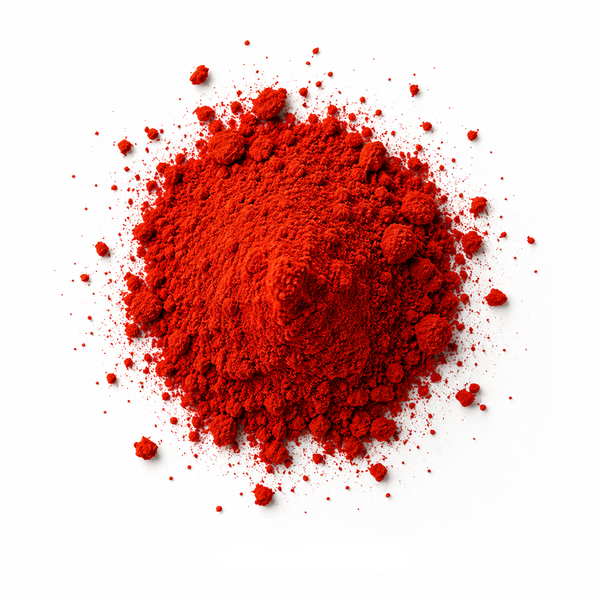 A mound of bright red astaxanthin powder on a clean white background, with the word 'ASTAXANTHIN' printed below in black text.