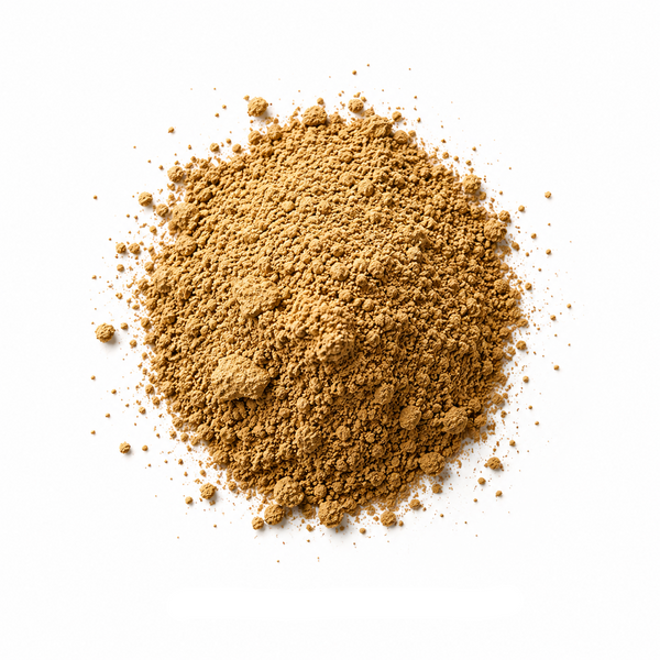 A mound of fine tan-brown powder labeled 'POLYPODIUM LEUCOTOMOS' on a white background.