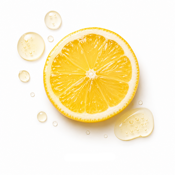 A bright yellow lemon slice centered on a white background with scattered translucent droplets and the text 'VITAMIN C' below.