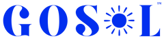 Blue GOSOL brand logo with a stylized sun icon on a white background.