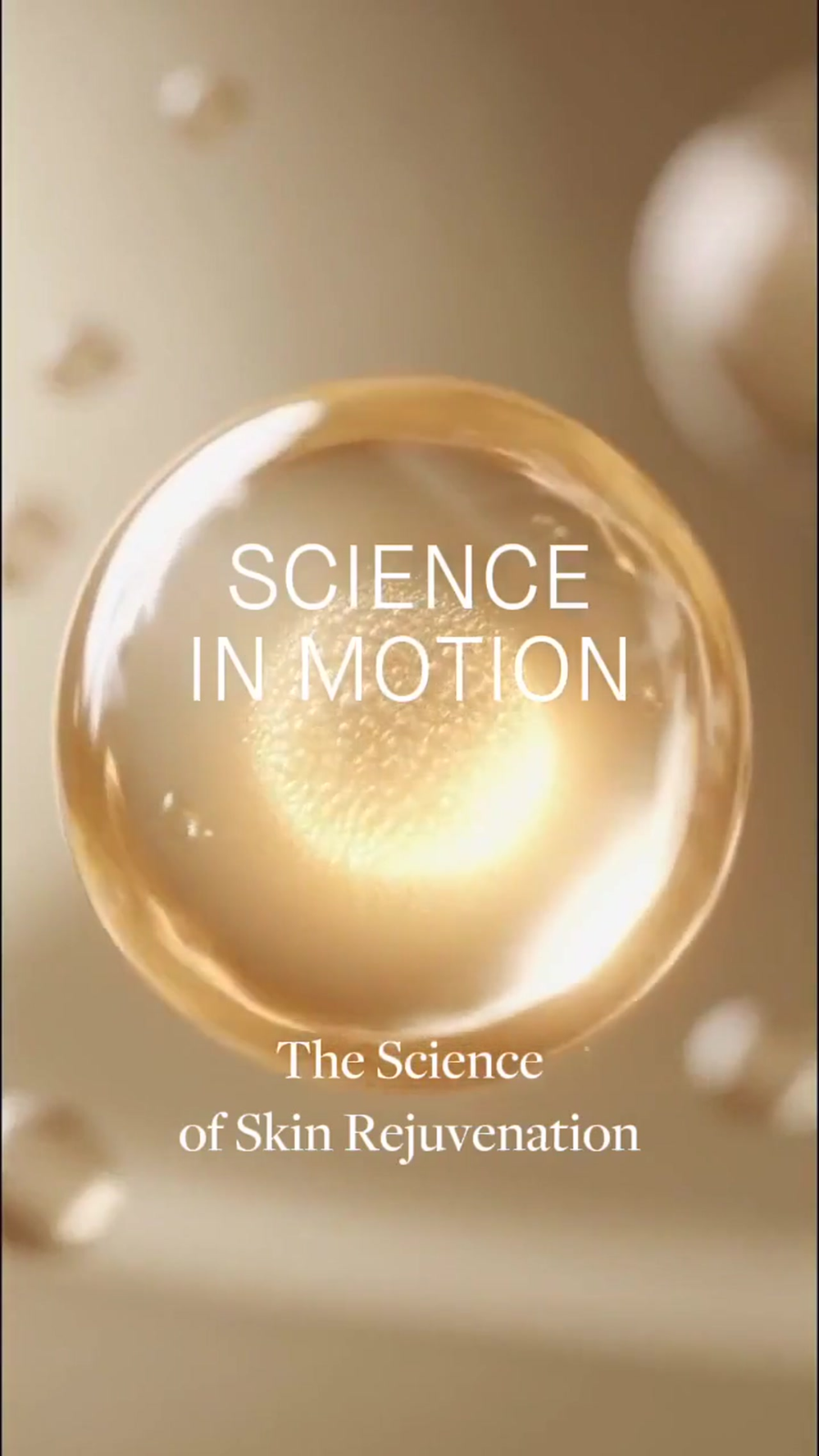 A book cover for 'SCIENCE IN MOTION: The Science of Skin Rejuvenation' featuring a large, glossy golden liquid droplet with white text on a warm beige background.