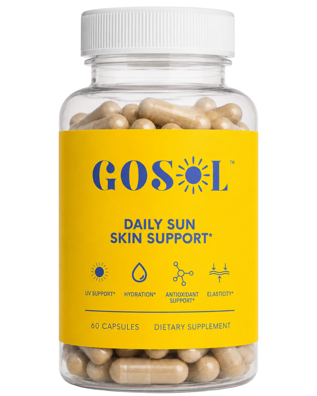 Supplement bottle labeled 'GOSOL Daily Sun Skin Support' with yellow label and white cap.