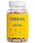 Supplement bottle labeled 'GOSOL Daily Sun Skin Support' with yellow label and white cap.