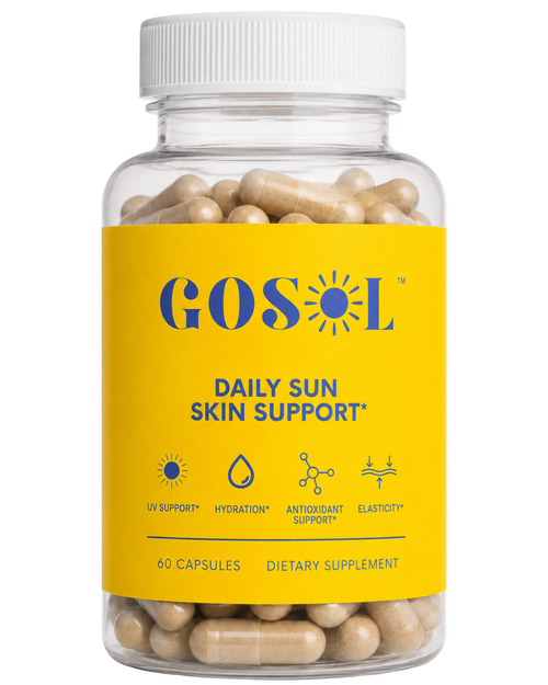 Supplement bottle labeled 'GOSOL Daily Sun Skin Support' with yellow label and white cap.