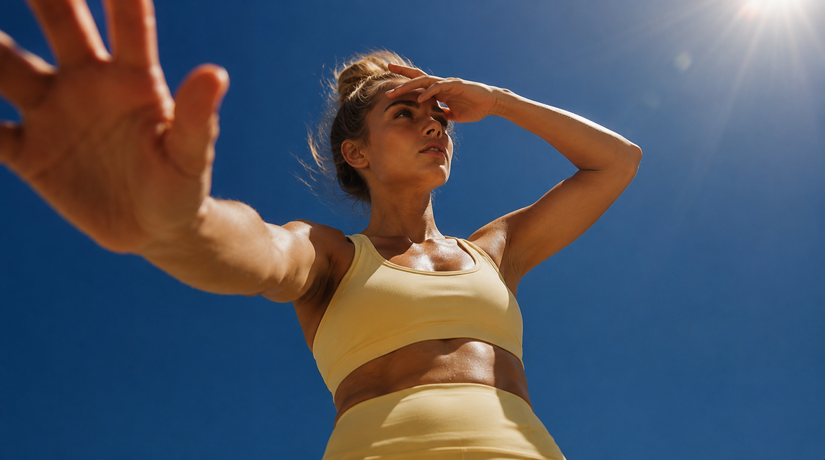 A woman in a light yellow sports bra and matching bottoms looks up against a bright blue sky with sun flares, with one hand shielding her eyes and the other reaching toward the camera.
