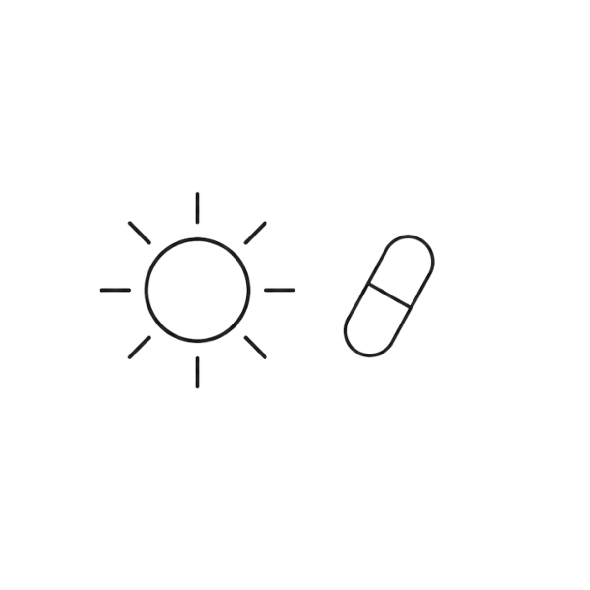 Minimal black line icons of a sun and a capsule pill on a plain white background.