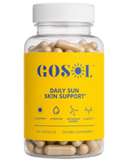 Supplement bottle labeled 'GOSOL Daily Sun Skin Support' with yellow label and white cap.