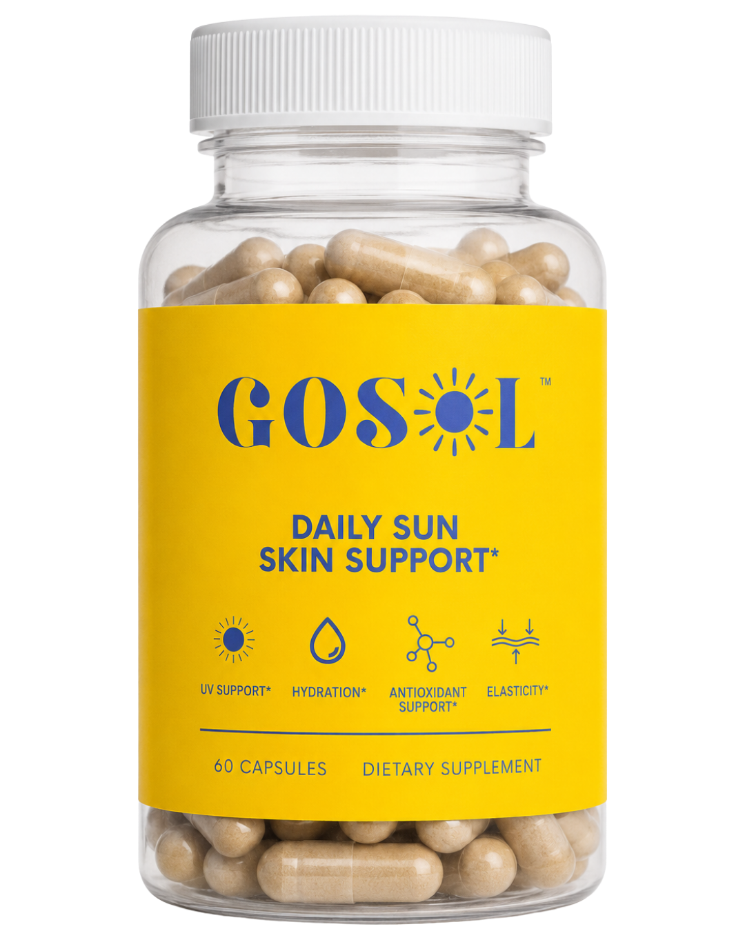 Supplement bottle labeled 'GOSOL Daily Sun Skin Support' with yellow label and white cap.